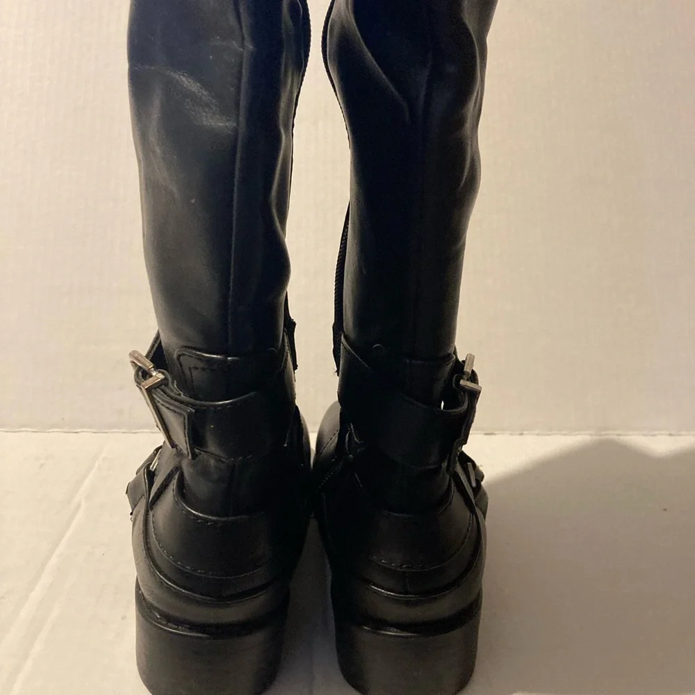Black Leather Knee-High Double Buckle Boots Size 6